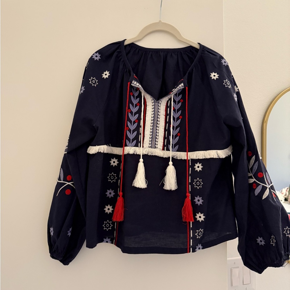 Embroidered Boho Blouse with Tassels